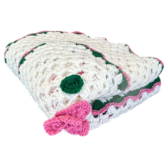 Vintage Handmade Crochet Open Weave Blanket 3D Flower Rose Cottagecore Fairycore - Picture 8 of 8